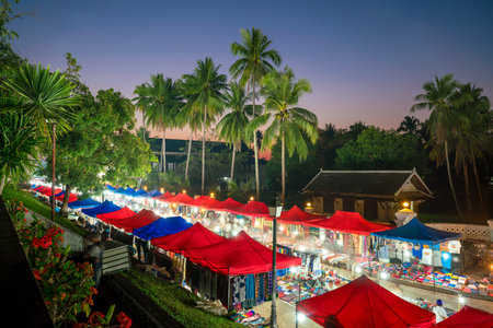 The night market in front of National museum of Luang Prabangのeditorial素材