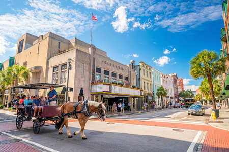 Charleston, South Carolina, USA - SEP 3: Colorful and well-preserved historic colonial style buildings in Charleston Downtown District on September 3, 2016のeditorial素材