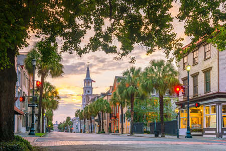 Historical downtown area of  Charleston, South Carolina, USA at twilight.の写真素材