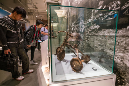 Hiroshima, Japan - April 4, 2017: Interior of the Hiroshima Peace Memorial Museum behind the Peace Flame. The museum is located in Hiroshima Peace Memorial Park, and was established in 1955.のeditorial素材