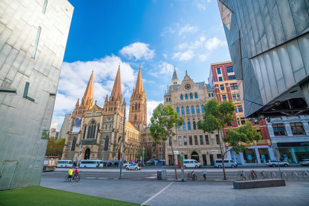 Downtown Melbourne city in Australia with blue skyのeditorial素材