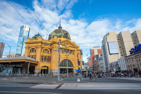 Downtown Melbourne city in Australia with blue skyのeditorial素材