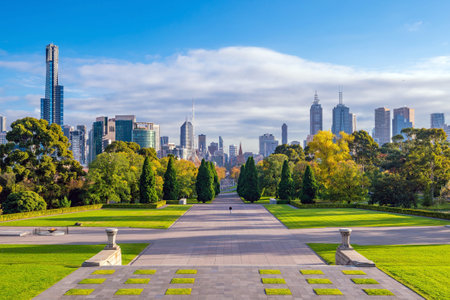 Skyline of Melbourne from Shrine of Remembrance in Australiaのeditorial素材