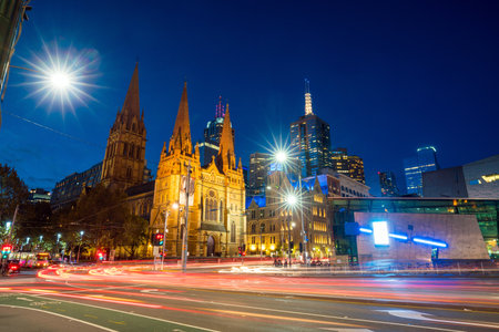 Downtown Melbourne city at twilight in Australiaのeditorial素材