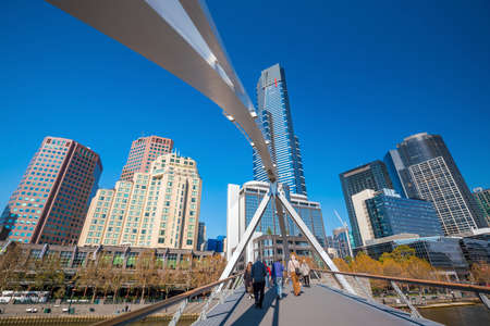 Melbourne city skyline in Australia with blue sky