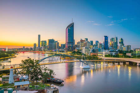 Brisbane city skyline and Brisbane river at twilight in Australia