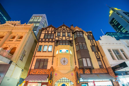 PERTH, AUSTRALIA - July 14, 2017: Hay Street, pedestrian shopping area in downtown Perth with popular boutiques such as the London Court shopsのeditorial素材