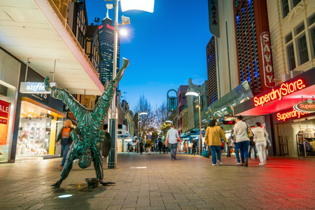 PERTH, AUSTRALIA - July 14, 2017: Hay Street, pedestrian shopping area in downtown Perth with popular boutiques such as the London Court shopsのeditorial素材