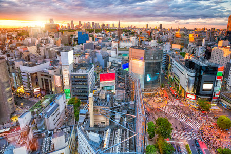 Shibuya Crossing from top view at twilight in Tokyo, Japanのeditorial素材