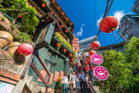 JIUFEN,TAIWAN - JULY 27: Local and tourist are walking and shopping at Jiufen old street in Ruifang district,Taiwan on July 27, 2017.のeditorial素材