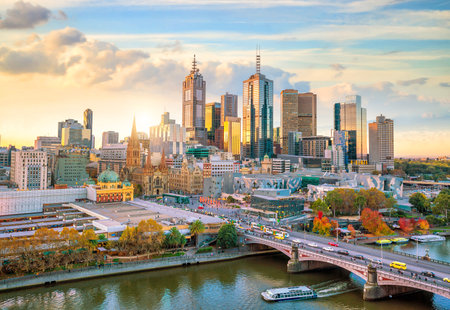 Melbourne city skyline at twilight in Australiaのeditorial素材