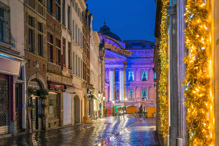 Vintage buildings in The Grand Place area in old town Brussels, Belgium at twilightの写真素材