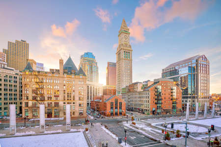 Boston downtown skyline at sunset in Massachusetts, USA の写真素材