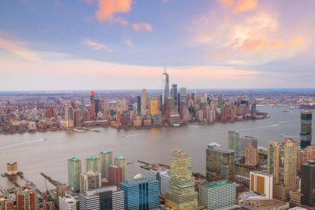 Aerial view of Manhattan and New Jersey skyline at sunset, New York City in United Statesのeditorial素材