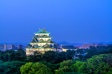 Nagoya castle and city skyline in Japan at sunsetのeditorial素材