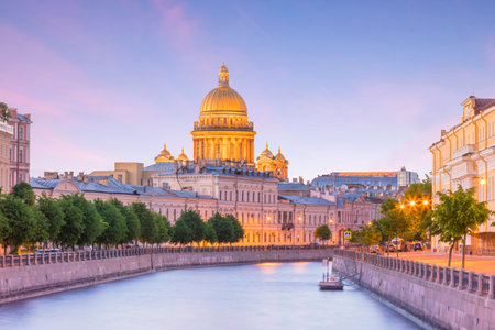 Saint Isaac Cathedral across Moyka river in St. Petersburg, Russiaのeditorial素材