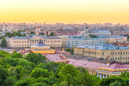 Old town St. Petersburg skyline from top view at sunset in Russiaのeditorial素材