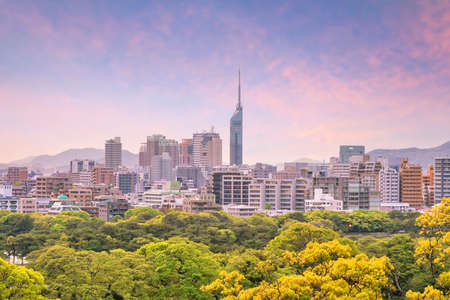 Fukuoka city skyline in Japan at sunsetの写真素材