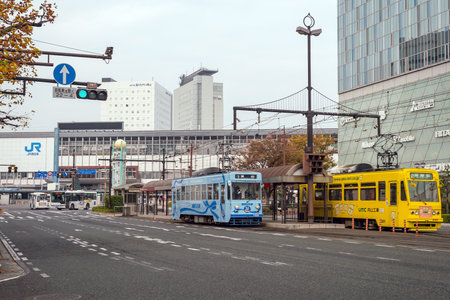 Okayama , JAPAN - 27 NOV 2018  : Electric Tramway in downtown Okayama, JAPANのeditorial素材