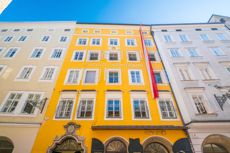 Salzburg, Austria - August 12, 2018: Mozart's birthplace which was the birthplace of Wolfgang Amadeus Mozart at No. 9 Getreidegasse in Salzburg, Austriaのeditorial素材