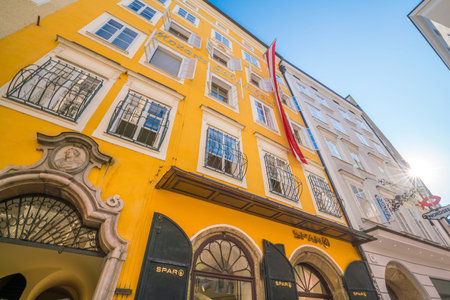 Salzburg, Austria - August 12, 2018: Mozart's birthplace which was the birthplace of Wolfgang Amadeus Mozart at No. 9 Getreidegasse in Salzburg, Austriaのeditorial素材