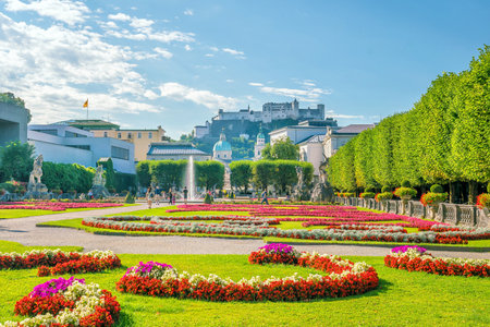 Beautiful view of famous Mirabell Gardens with the old historic Fortress Hohensalzburg in the background, Salzburg in Austriaのeditorial素材