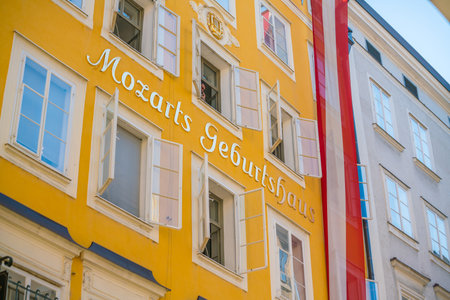 Salzburg, Austria - August 12, 2018: Mozart's birthplace which was the birthplace of Wolfgang Amadeus Mozart at No. 9 Getreidegasse in Salzburg, Austriaのeditorial素材