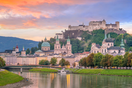 Beautiful view of Salzburg city skyline  in the summer at sunset, Austriaのeditorial素材