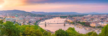 Budapest skyline in Hungary. Night view on Parliament building over delta of Danube riverの写真素材