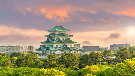 Nagoya castle and city skyline in Japan at beautiful sunsetのeditorial素材