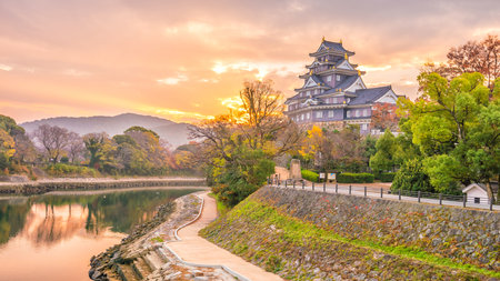 Okayama castle in autumn season in Okayama city, Japan at sunsetのeditorial素材
