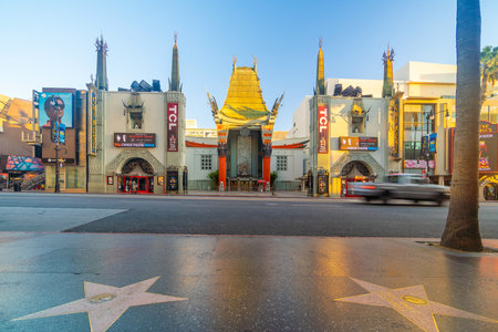 Grauman's Chinese Theater at Hollywood Boulevard district in Los Angeles, California, USA at sunrise.のeditorial素材