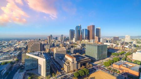 Beautiful sunset of Los Angeles downtown skyline in CA, USAのeditorial素材