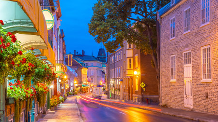 QUEBEC CITY, QUEBEC, CANADA - September 23, 2019 : Old town area in Quebec  city, Canada at twilightのeditorial素材