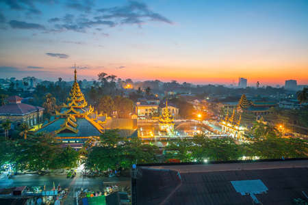 Yangon skyline in Myanmar with beautiful sunsetの写真素材