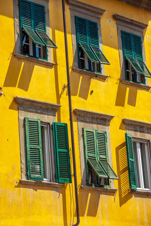 Facade decoration in Pisa city downtown skyline cityscape of Italy. Famous travel attraction