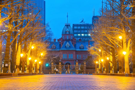 The historic Former Hokkaido Government Offices at twilight in Sapporo, Japanのeditorial素材