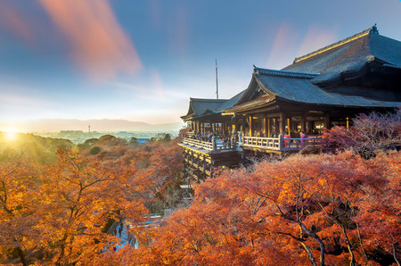 Autumn Color of Kyoto skyline and Kiyomizu-dera Temple in Kyoto, Japan at sunsetのeditorial素材