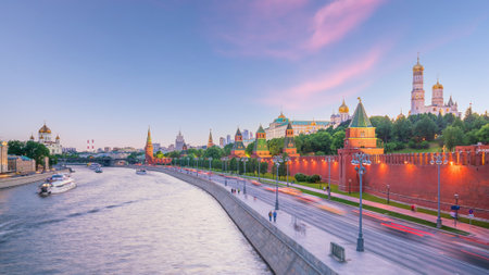 Panoramic view of the Moscow river and the Kremlin palace in Russia at sunsetのeditorial素材