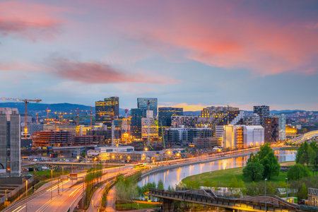 Oslo downtown city skyline cityscape in Norway at sunsetの写真素材