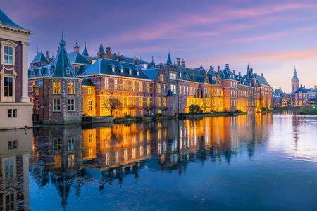 Binnenhof castle (Dutch Parliament) cityscape downtown skyline of  Hague in Netherlands at sunset