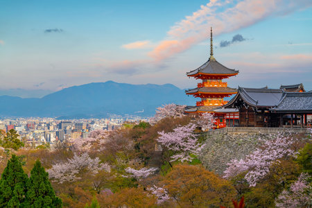 Old town Kyoto during sakura season in Japan at sunsetのeditorial素材