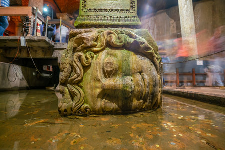 The Column with inverted Medusa head base inside Basilica Cistern in Istanbul, Turkeyのeditorial素材