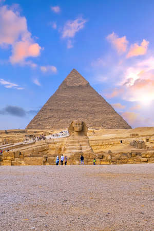 Landscape view of the Pyramids of Giza and the Great Sphinx in Cairo, Egypt