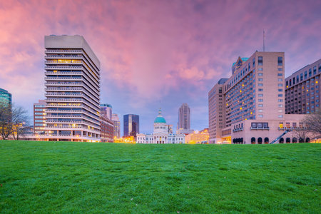 Downtown St. Louis city skyline, cityscape of Missouri in USA at sunsetの写真素材