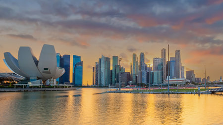 Downtown Singapore city skyline. Cityscape of business district area at twilightのeditorial素材