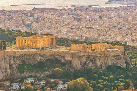 Downtown Athens city skyline, cityscape with The Acropolis and the Parthenon Temple  in Greece at...