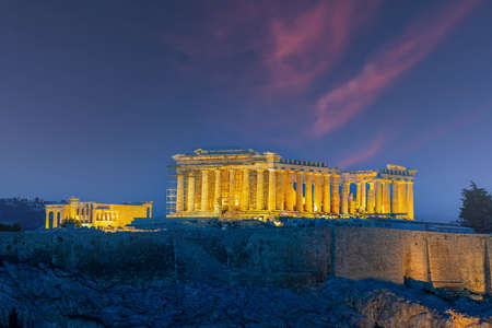 The Acropolis and the Parthenon Temple  in Greece at sunset