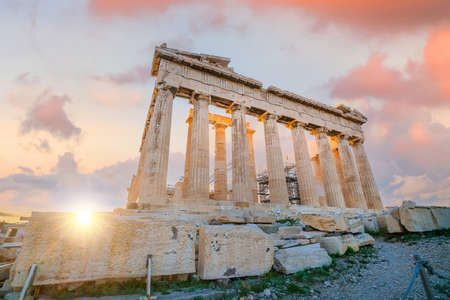 Parthenon temple at Acropolis Hill in Athens of Greece at sunset