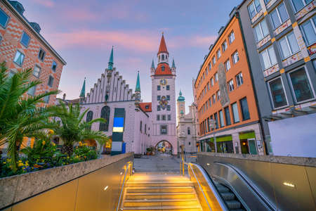 Munich city downtown skyline in Germany at sunsetの写真素材